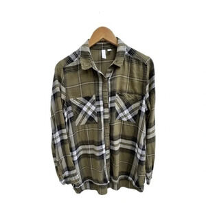 BP. Nordstrom Womens Olive Green Plaid Flannel‎ Cotton Blend Long Sleeve Shirt S